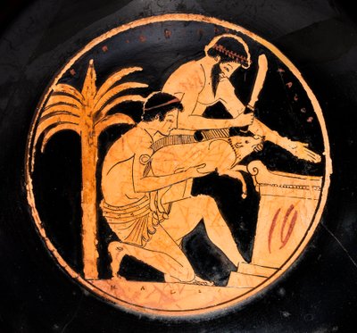Skål med svart glasur og røde figurer: offerscene (terrakotta) av Epidromos Painter