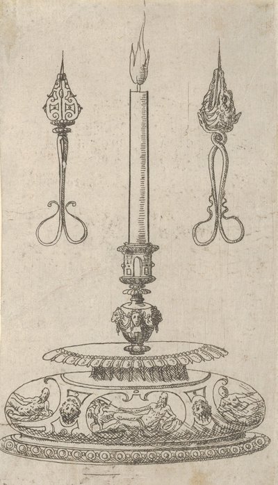 Design for en lysestake med Candle Wick Trimmere, 1560-70. av Erasmus Hornick
