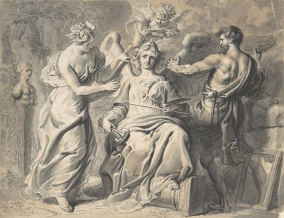 En allegori av kunsten med Isis og geometri som deltar i den trehodede figuren fra..., 1600-tallet av Erasmus Quellinus