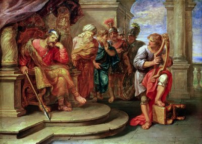 Saul lytter til David som spiller harpe av Erasmus Quellinus II