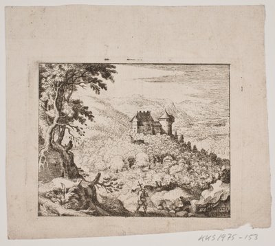 Fjelllandskap med et slott og en vandrer av Erasmus Sigismund Resch