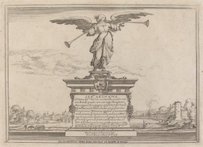 Dedikasjonsside med Statue of Fama av Ercole Bazicaluva