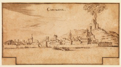Utsikt over Cartagena, Spania, ca. 1642 (penn og brunt blekk på lagt papir, med brune blekkrammelinjer trappet nederst) av Ercole Frigoni Bazzicaluva