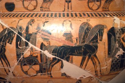 Detalj av Zevs og Hera i en vogn med Kaliope fra Francois Vase, c6. århundre f.Kr. av Ergotimos