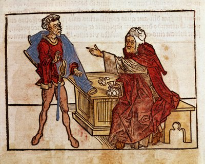 Transaksjon mellom en jøde og en lånehai Side hentet fra reiseboken "" Peregrinatio in Terram Sanctam"" etter pilegrimsreisen i Bernard de Breydenbachs (Breidenbach) (1454-1497) hellige land illustrert med graveringer av Erhard Reuwich av Erhard Reuwich
