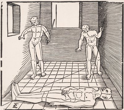 Tre mannsfigurer i et rom Fra: Unnderweissung der Proportzion av Erhard Schon