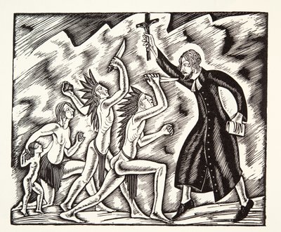 Angrepet, fra The Travels and Sufferings of Father Jean de Brebeuf av Eric Gill