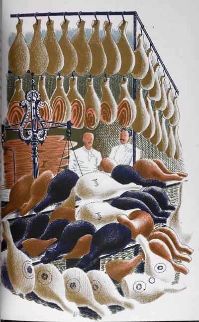 Utsikt inne i en slakterbutikk. av Eric Ravilious