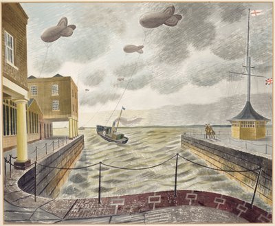 Barrage Balloons Outside a British Port (blyant og akvarell på papir) av Eric Ravilious