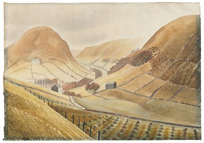 Corn Stooks and Farmsteads - Hill Farm, Capel-y ffin, Wales, 1938 av Eric Ravilious