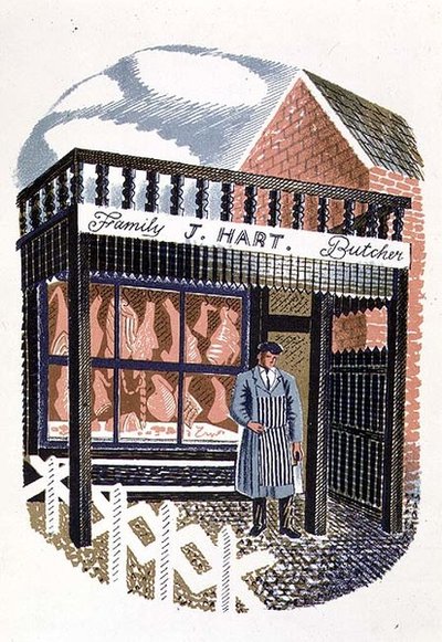 The Butchers Shop, trykt av Curwen Press, fra High Street, av J.M. Richards, utgitt av Country Life, 1938 (sett med 24) av Eric Ravilious