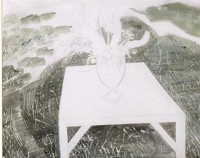 Vase med blomster i en hage (blyant og akvarell på papir) av Eric Ravilious