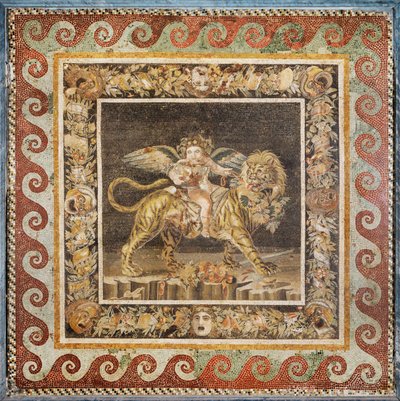 Dionysos som barn, på ryggen av en tiger, en krans med blader og teatermasker av Erich Lessing