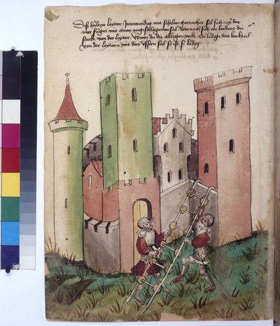 Helside: slott og instruksjoner for bruk av stige med hjultrinn, ca. 1430 (farget penntegning) av Erich Lessing