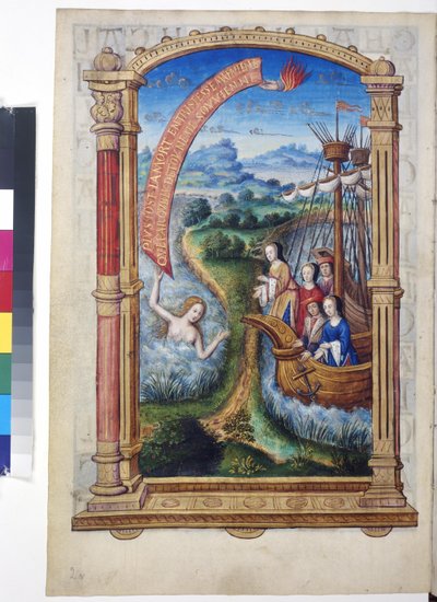 Helside: miniatyr omsluttet av en arkitektonisk ramme: to skip med Margaret av Østerrike og andre figurer i et vidstrakt landskap, ca. 1504 (temperamaleri) av Erich Lessing