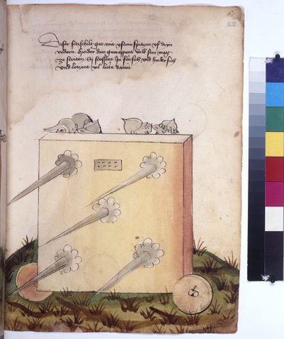 Helside: mobil garde, med spyd og soldater i rustning bak, ca. 1430 (farget penntegning) av Erich Lessing