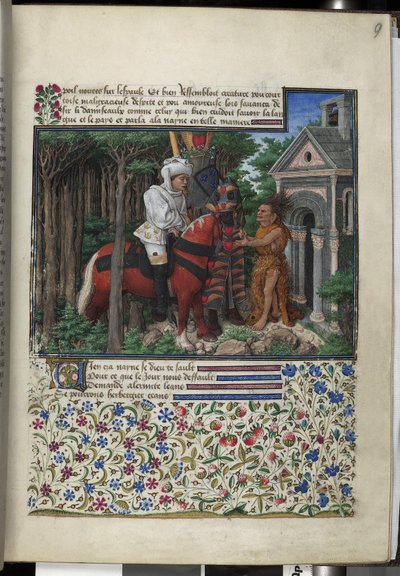 Helside: tekst med malt initial, innrammet miniatyr og kant (miniatyr) av Erich Lessing