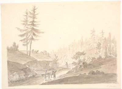 Norsk fjellandskap med storfe og to menn av Erik Pauelsen