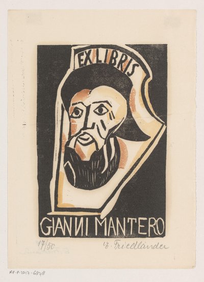 Ex libris av Gianni Mantero av Erna Levy Friedländer (signed by artist)