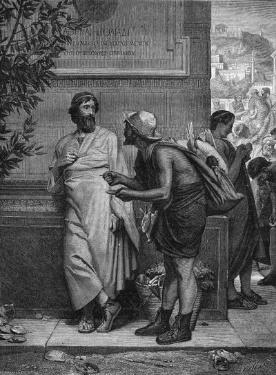 Utstøting i antikkens Hellas: "Aristide og bonden"". En analfabet bonde som ikke anerkjenner den athenske statsmannen Aristide den rettferdige, slår til med utstøting, ber ham skrive navnet sitt på et skaft. Gravering etter maleriet av Eugene Erne av Ernest Hillemacher