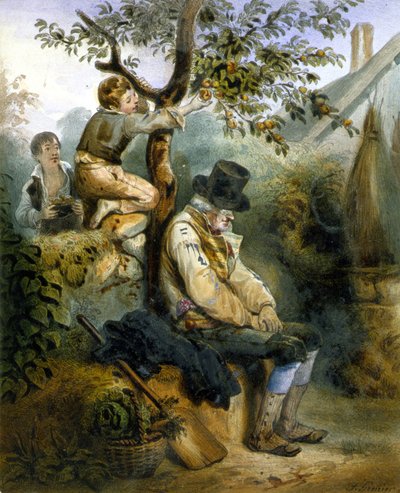 Barn som stjeler epler under den sovende bondens nese - litografi av Grenier, v.1840 av Ernest (after) Grenier