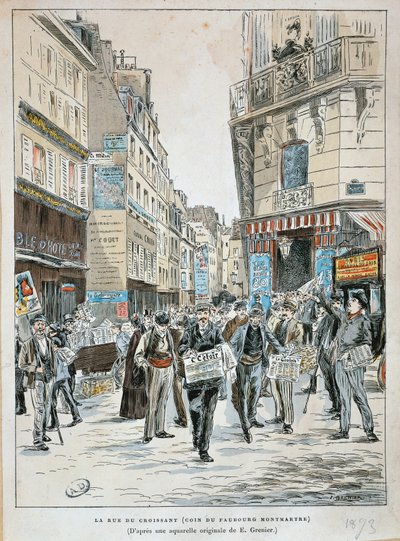 Frankrike, Paris, Avisleverandør i rue du Croissant på hjørnet av rue du Faubourg Montmartre i Paris av Ernest Grenier, Trykk fra akvarell av Ernest (after) Grenier