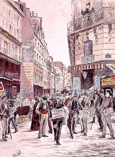 nyhetsleverandører i gatene i Paris i 1893, gravering av Ernest (after) Grenier