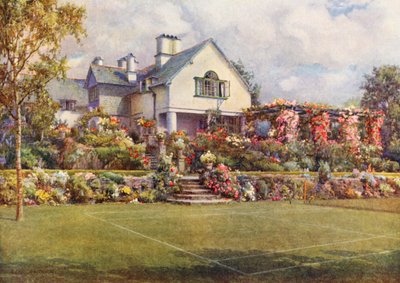 Tennisbanen på Shrublands, Westmoreland (fargelitografi) av Ernest Albert Chadwick
