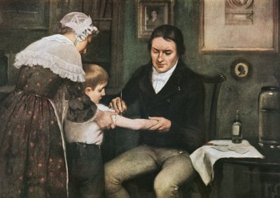Dr Edward Jenner (1749-1823) utførte sin første vaksinasjon mot kopper på James Phipps, gutt på åtte, 14. mai av Ernest Board