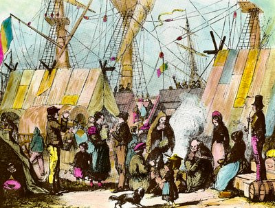 Familier av emigranter slo leir ved havnen i Le Havre. Gravering av Ernest Charton (1813-1905) Gravering av privatsamlingen fra 1800-tallet av Ernest Charton