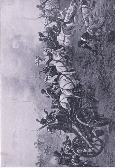 Fangst av det franske batteriet av det 52. Oxfordshire Light Infantry Regiment ved Waterloo 18. juni 1815, illustrasjon fra britiske slag på land og sjø, 1915 av Ernest Crofts