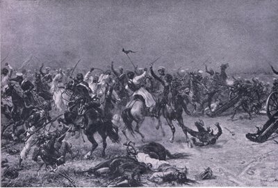 Anklagen om Kings Own Light Dragoons ved Mudki, illustrasjon fra British Battles on Land and Sea, 1915 av Ernest Crofts