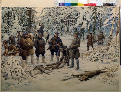Etter en vellykket jakt. Grupper av jegere samler inn vilt (ulver) etter signal fra en rytter som blåser i horn. Maleri av Ernest Ernestovich Lissner (1874-1941), olje på lerret av Ernest Ernestovich Lissner