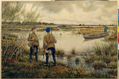 Tilbake fra jakten - (jegere med utstyret sitt, stå ved bredden av en innsjø, venter på en følgesvenn på en båt, ansvarlig for å fiske vilt, ender) - Tilbake fra jakten - Verk av Ernest Ernestovich Lissner (1874-1941) , En q av Ernest Ernestovich Lissner