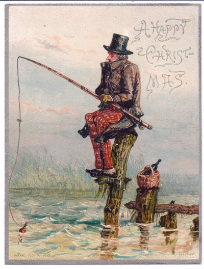 Et viktoriansk julekort av en viktoriansk mann som sitter på en trestubbe og fisker, ca. 1880 av Ernest Henry Griset