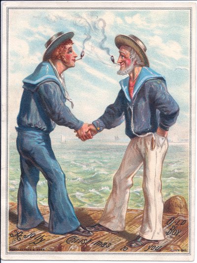 Et viktoriansk julekort med to sjømenn som røyker leirpiper og håndhilser, ca. 1880 (farge litho) av Ernest Henry Griset