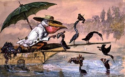 Skarv som presenterer fisk for en pelikan i et skudd under en paraply fra "The Dream of the Fisherman" (penn og blekk og akvarell) av Ernest Henry Griset