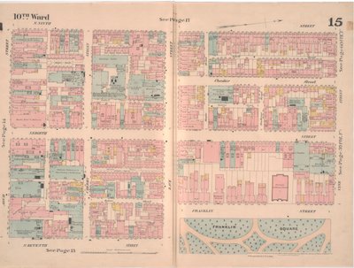 Forsikringskart over byen Philadelphia; bind 2, plate15, 1887 (håndfarget gravering) av Ernest Hexamer