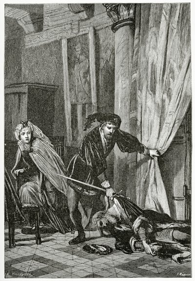 Scene fra Hamlet, 1800-tallet (bw-gravering) av Ernest Hillemacher