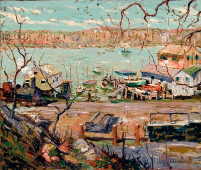 Elvescene – Båter og hus av Ernest Lawson