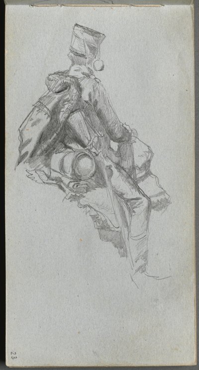 Skissebok, side 23: Sittende soldat. av Jean Louis Ernest Meissonier