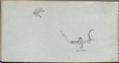 Skissebok, side 26: Studie av et hode og en lampe. av Jean Louis Ernest Meissonier