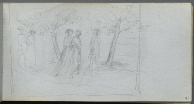 Skissebok, side 41: Figurer i et landskap av Ernest Meissonier