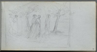 Skissebok, side 41: Figurer i et landskap. av Jean Louis Ernest Meissonier