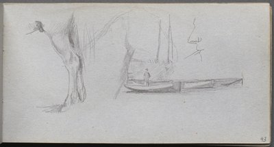 Skissebok, side 43: Studier: Hesteben, figur i en båt og profil av Ernest Meissonier