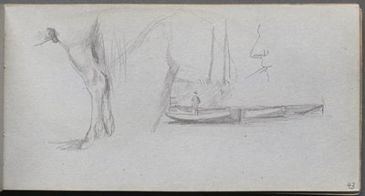 Skissebok, side 43: Studier: Hesteben, figur i en båt og profil. av Jean Louis Ernest Meissonier