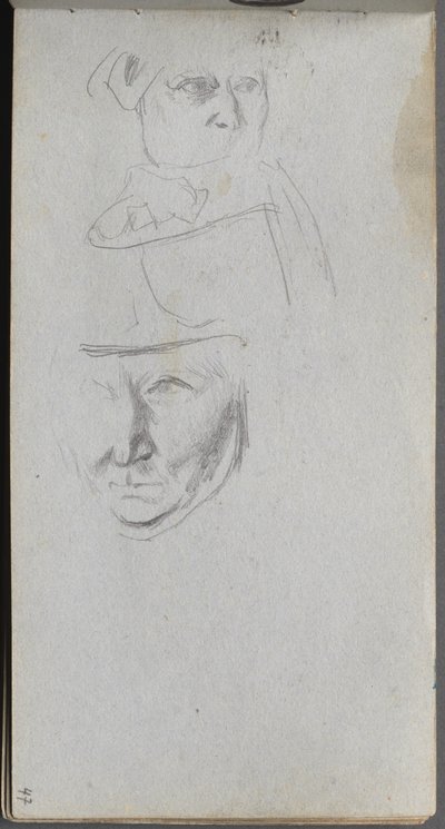 Skissebok, side 47: Studier av tre ansikter. av Jean Louis Ernest Meissonier