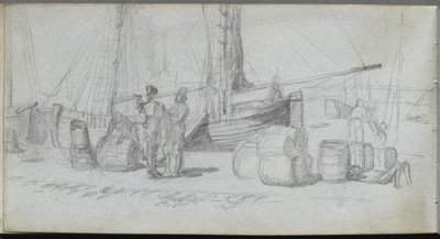 Skissebok, side 50: Båter, figurer, last på en strand av Ernest Meissonier