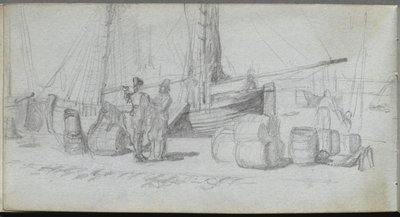 Skissebok, side 50: Båter, figurer, last på en strand. av Jean Louis Ernest Meissonier