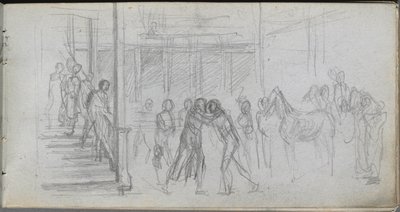 Skissebok, side 62: Figurstudie, trapp, hest. av Jean Louis Ernest Meissonier